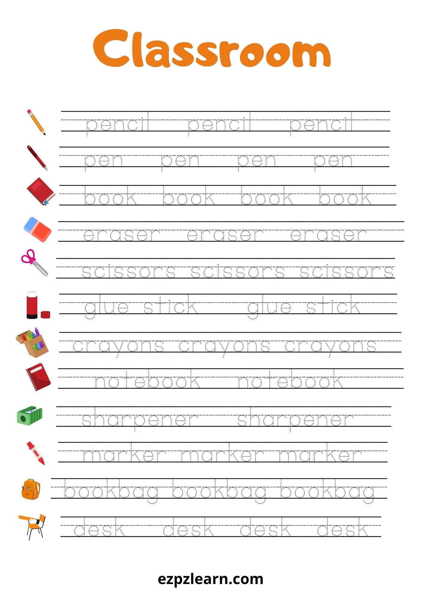 Classroom Objects Word Tracing Worksheet Ezpzlearn